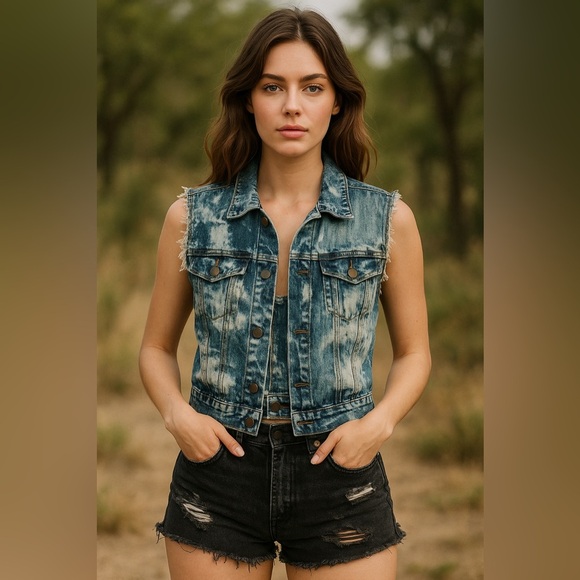 VINTAGE BILL BLASS Jeans  Distressed Bleached Denim Vest - Picture 1 of 6